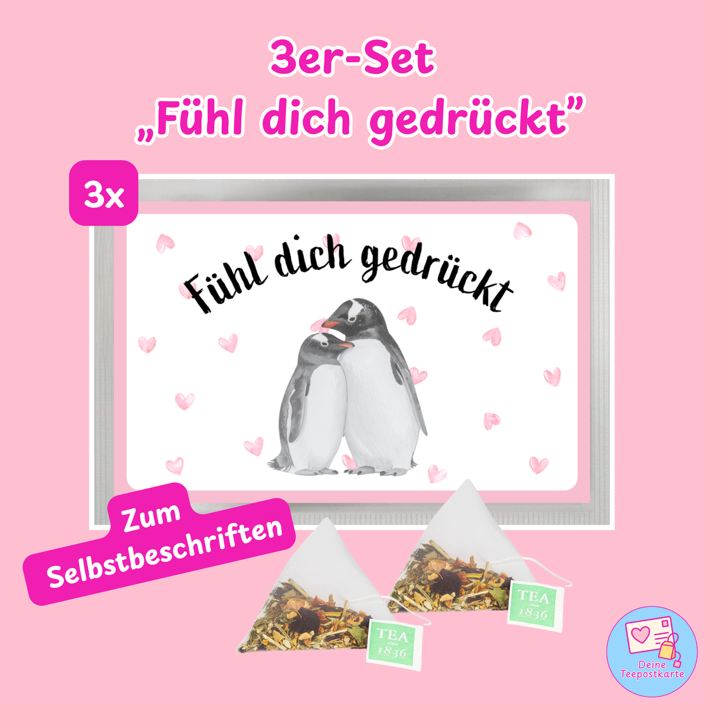 Teepostkarte 3er-Set „Fühl dich gedrück" (zum Selbstbeschriften)