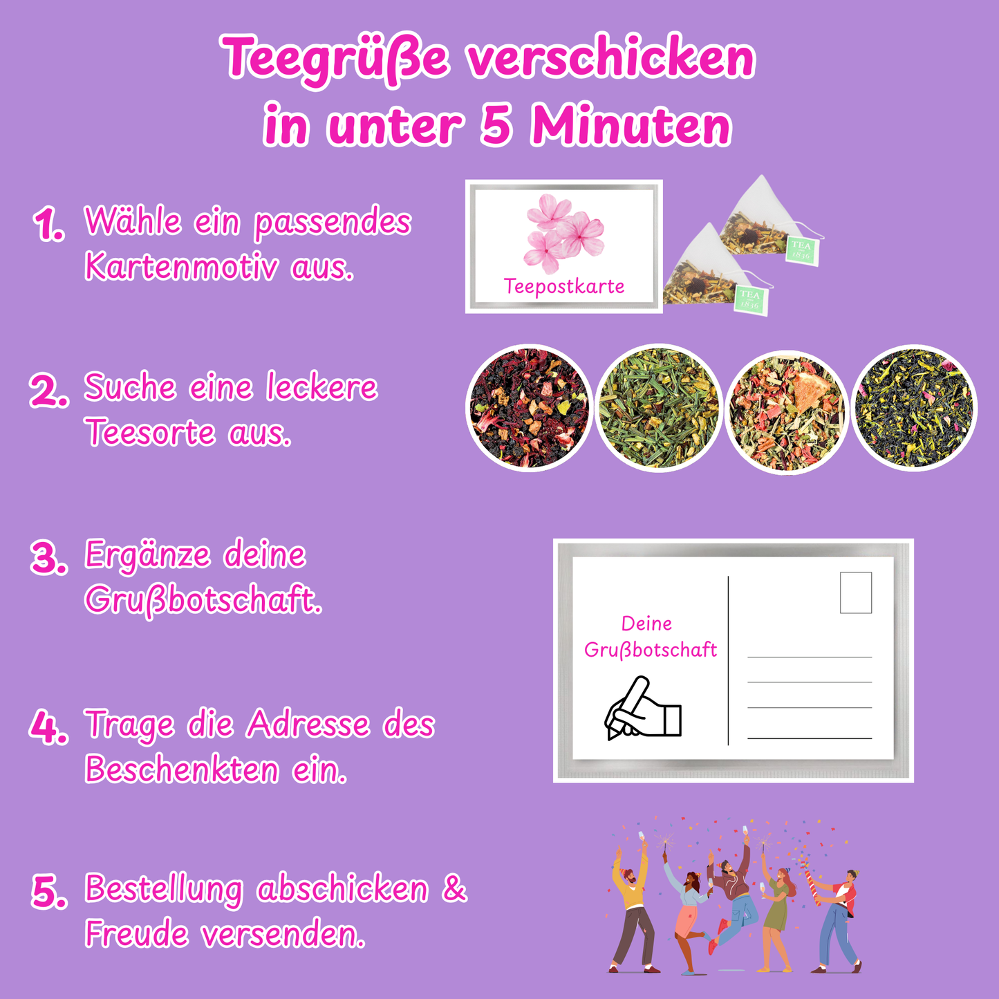 Teegrüße verschicken in unter 5 Minuten. Schritt für Schritt Anleitung.