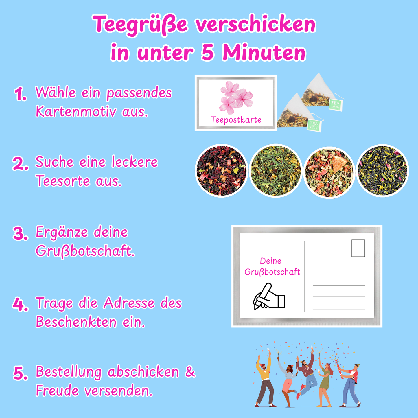 Teegrüße verschicken in unter 5 Minuten. Schritt für Schritt Anleitung.