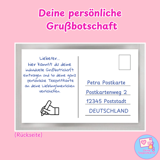 Tee-Postkarten Motiv „Fühl dich gedrückt" Rückseite mit persönlicher Grußbotschaft von Deine Teepostkarte