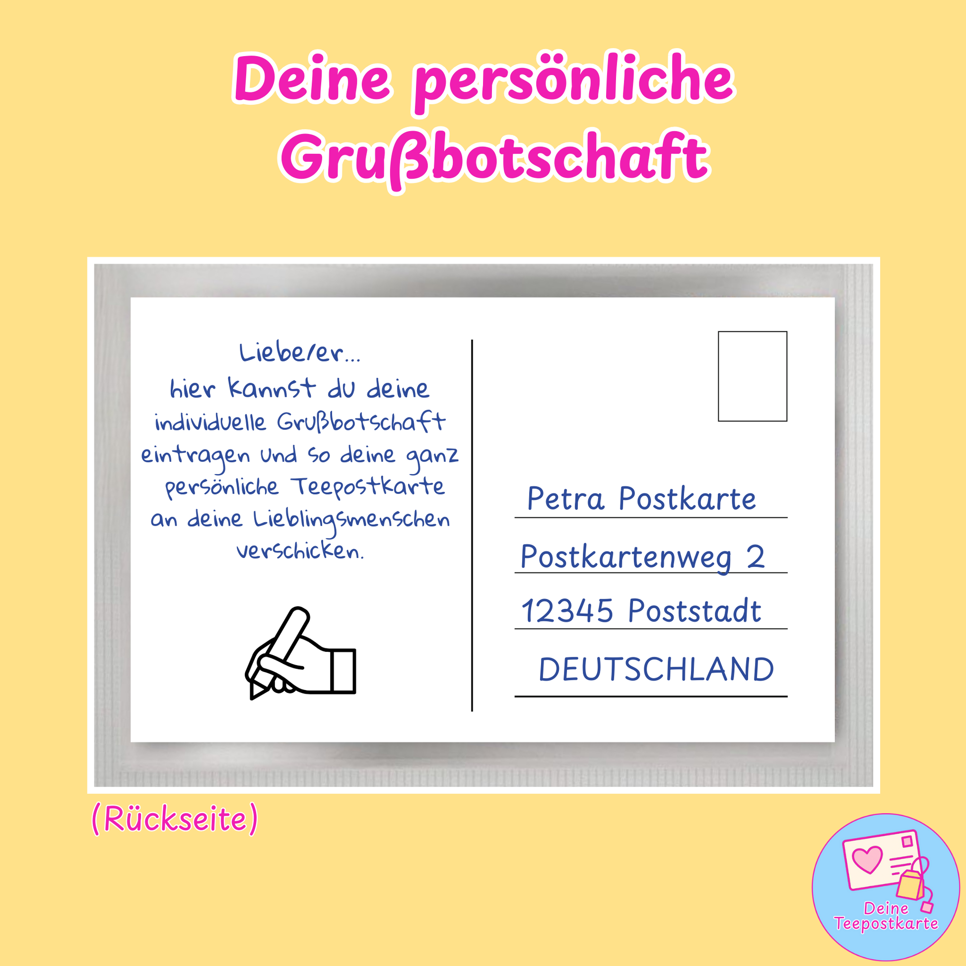 Tee-Postkarten Motiv „Ein dickes Dankeschön" Rückseite mit persönlicher Grußbotschaft von Deine Teepostkarte