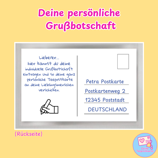 Tee-Postkarten Motiv „Ein dickes Dankeschön" Rückseite mit persönlicher Grußbotschaft von Deine Teepostkarte