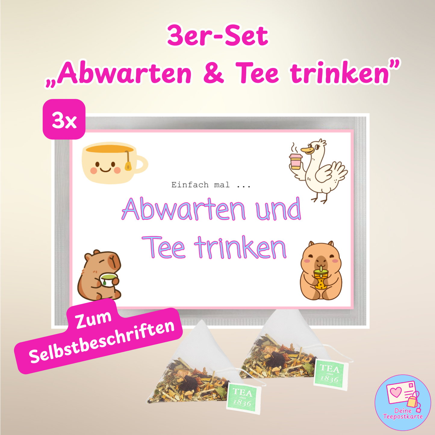 Teepostkarte 3er-Set „Abwarten und Tee trinken" (zum Selbstbeschriften)