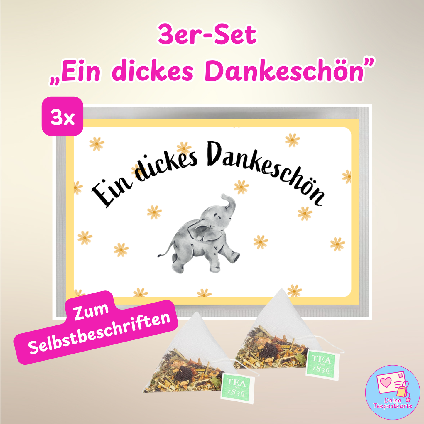 Teepostkarte 3er-Set „Ein dickes Dankeschön" (zum Selbstbeschriften)